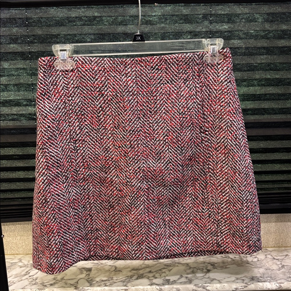 Loft Red Black & White Herringbone Tweed Wool Blend Clueless Mini Skirt WN 8 - Picture 3 of 10